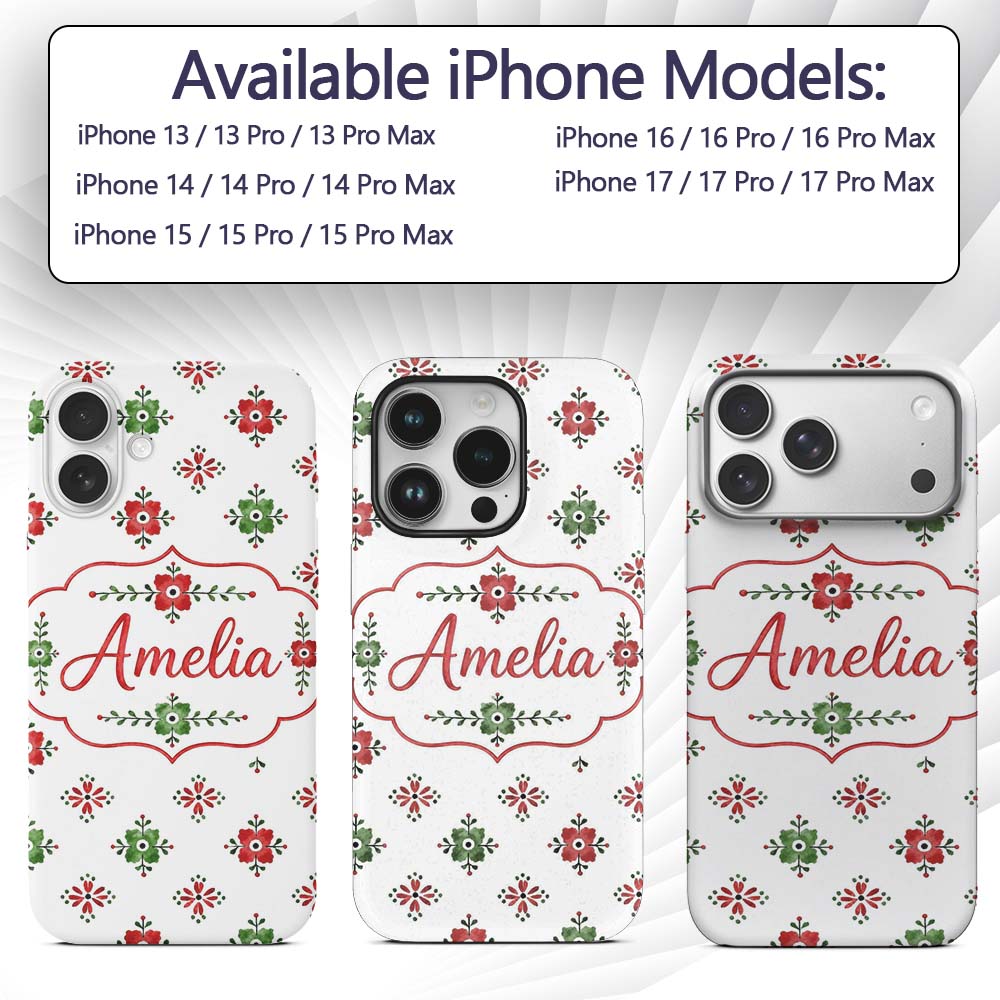 Watercolor Scandinavian Folk Floral Red Green Custom Name Protective Phone Case Mobile Cover Durable Everyday Smartphone Shock Resistant