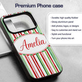 Watercolor Vertical Red Green Stripe Christmas Custom Name Protective Phone Case Mobile Cover Durable Everyday Smartphone Shock Resistant