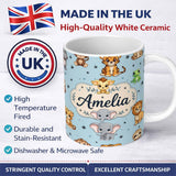 Personalized Custom Name Cute Cartoon Safari Animals with Stars on Soft Blue Background 11oz Ceramic Coffee Tea Mug White Large Handle