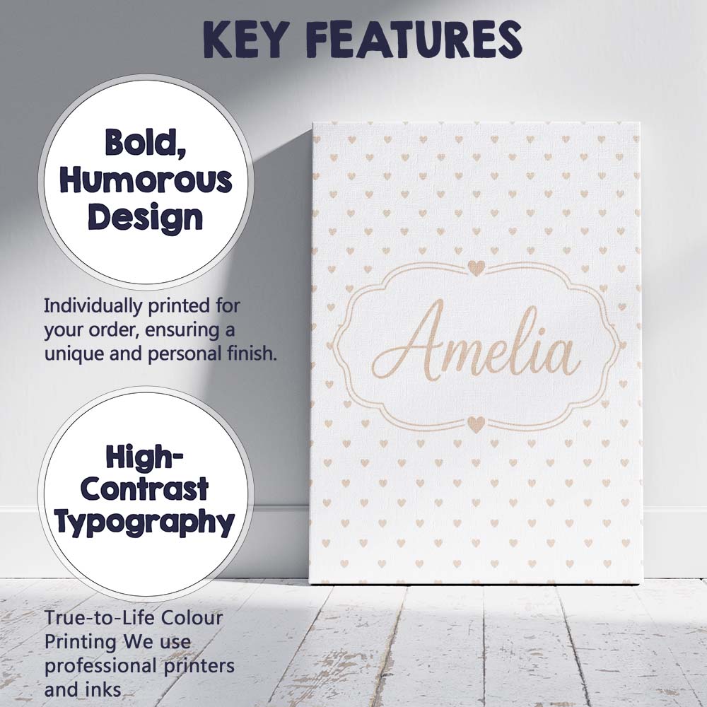 Personalised Name Tiny Beige Heart Polka Custom  Unique Gift Idea Elegant Feature Canvas Wall Art Print Decor Picture Ready to Hang