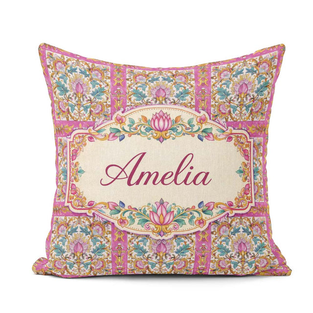 Custom Name Ornate Pink Gold Baroque Floral Tile Pattern Lovely Square Filled Cushion Throw Pillow Sofa Bed Home Decor Zip Washable UK Made