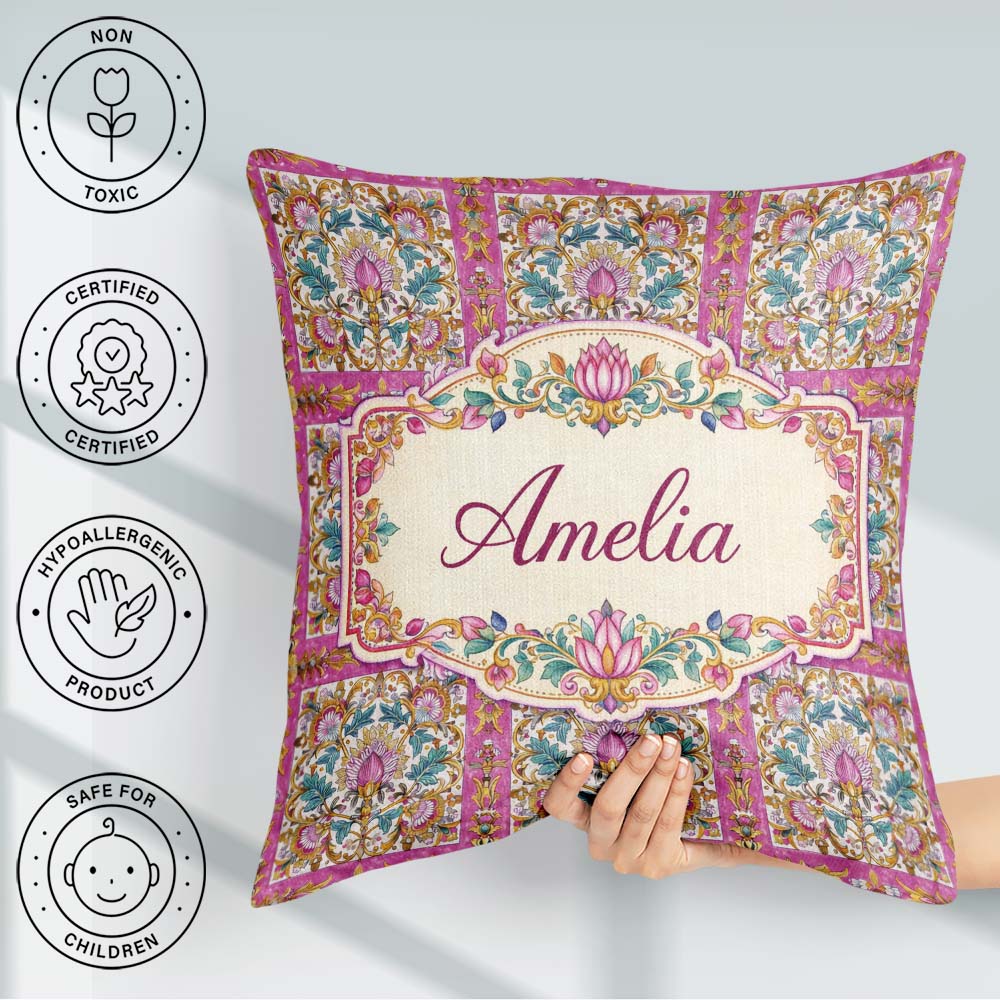 Custom Name Ornate Pink Gold Baroque Floral Tile Pattern Lovely Square Filled Cushion Throw Pillow Sofa Bed Home Decor Zip Washable UK Made