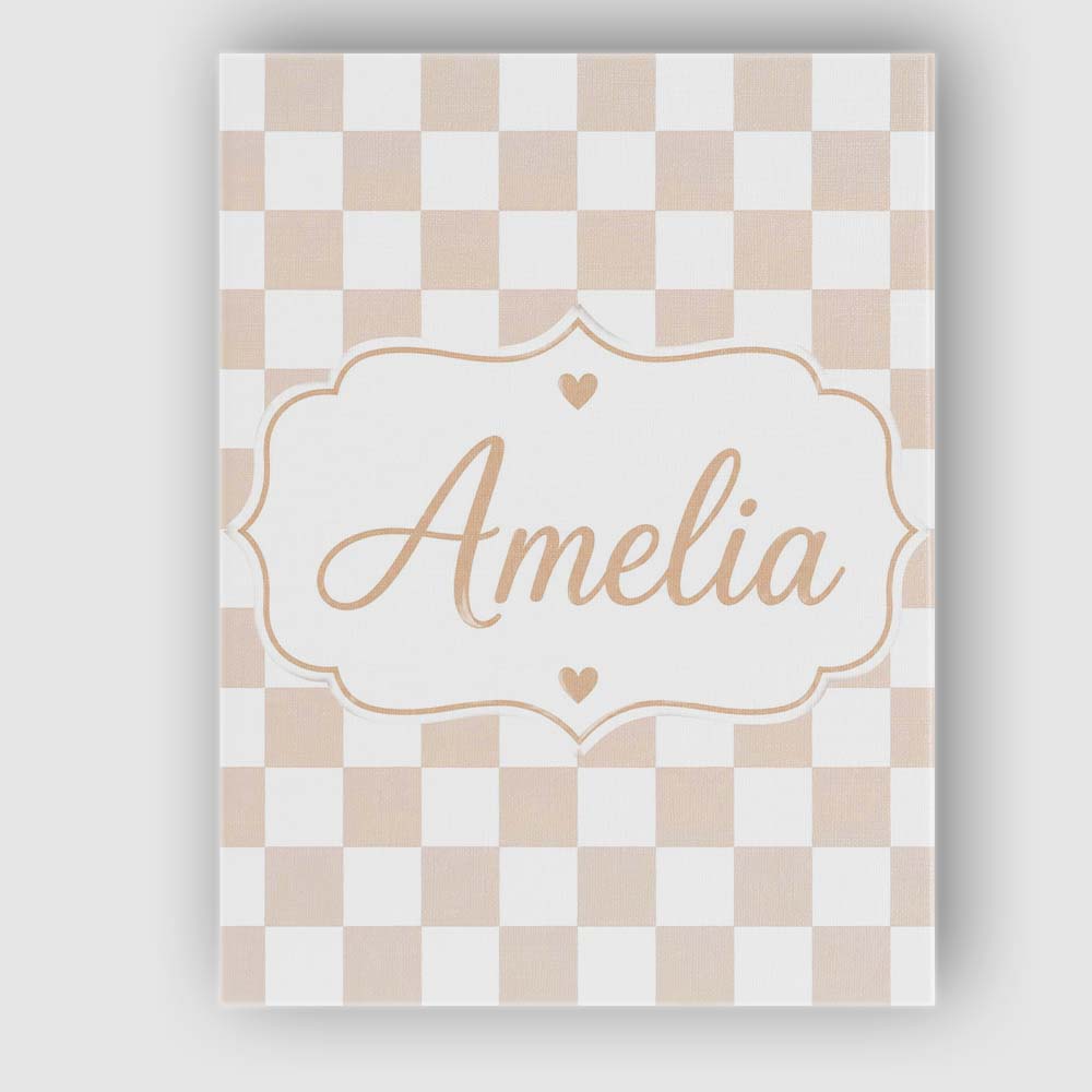 Personalised Name Soft Beige Square Checkerboard Seamless Pattern Stylish Home Interior Canvas Wall Art Print Decor Picture Ready to Hang
