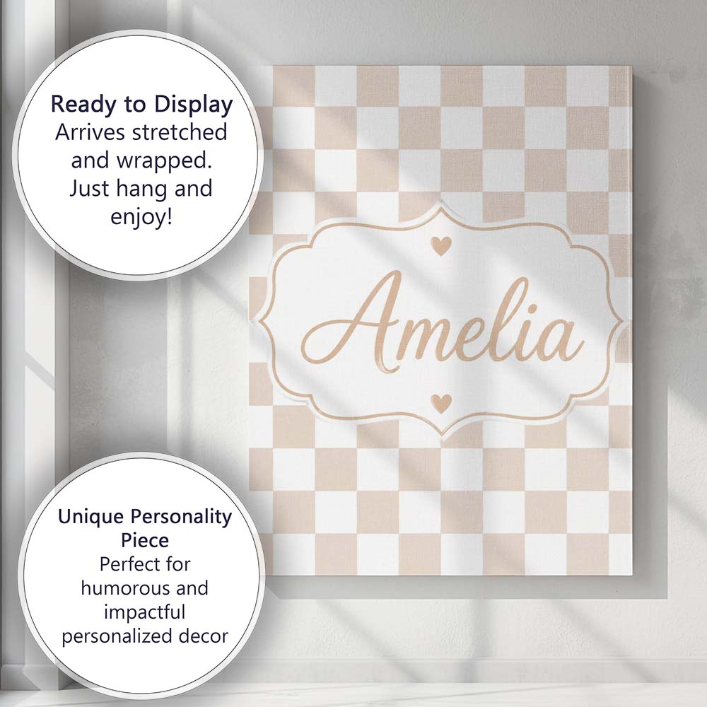 Personalised Name Soft Beige Square Checkerboard Seamless Pattern Stylish Home Interior Canvas Wall Art Print Decor Picture Ready to Hang