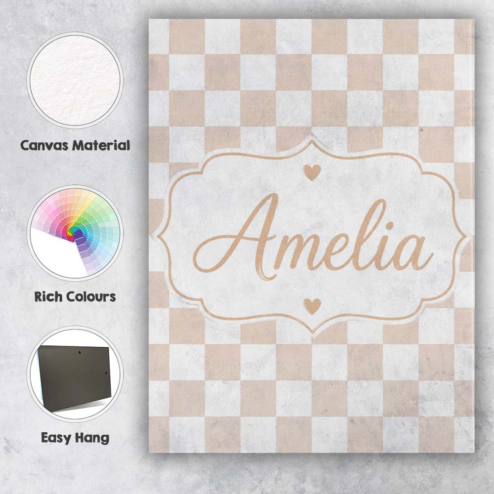 Personalised Name Soft Beige Square Checkerboard Seamless Pattern Stylish Home Interior Canvas Wall Art Print Decor Picture Ready to Hang