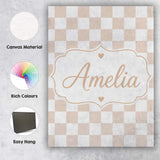 Personalised Name Soft Beige Square Checkerboard Seamless Pattern Stylish Home Interior Canvas Wall Art Print Decor Picture Ready to Hang
