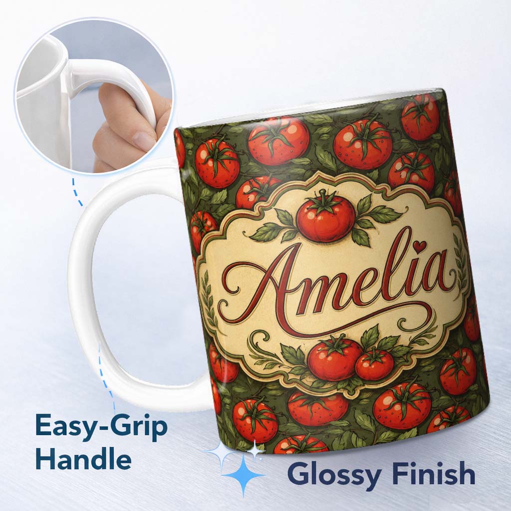 Personalized Custom Name Realistic Red Tomatoes with Leaves on Dark Green Background Pattern 11oz Ceramic Coffee Tea Mug White Large Handle