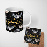 Personalized Custom Name Cute Watercolor Bats and Stars Seamless Halloween Pattern Black 11oz Ceramic Coffee Tea Mug White Large Handle