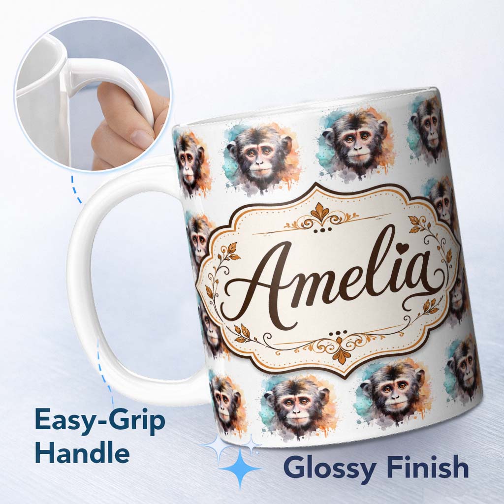 Personalized Custom Name Watercolour Monkey Face Portrait with Soft Splash Background Repeat 11oz Ceramic Coffee Tea Mug White Large Handle