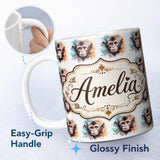 Personalized Custom Name Watercolour Monkey Face Portrait with Soft Splash Background Repeat 11oz Ceramic Coffee Tea Mug White Large Handle