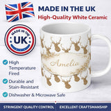 Personalized Custom Name Gold Glitter Deer Seamless Pattern Thoughtful Gift Idea Lovely 11oz Ceramic Coffee Tea Mug White Large Handle