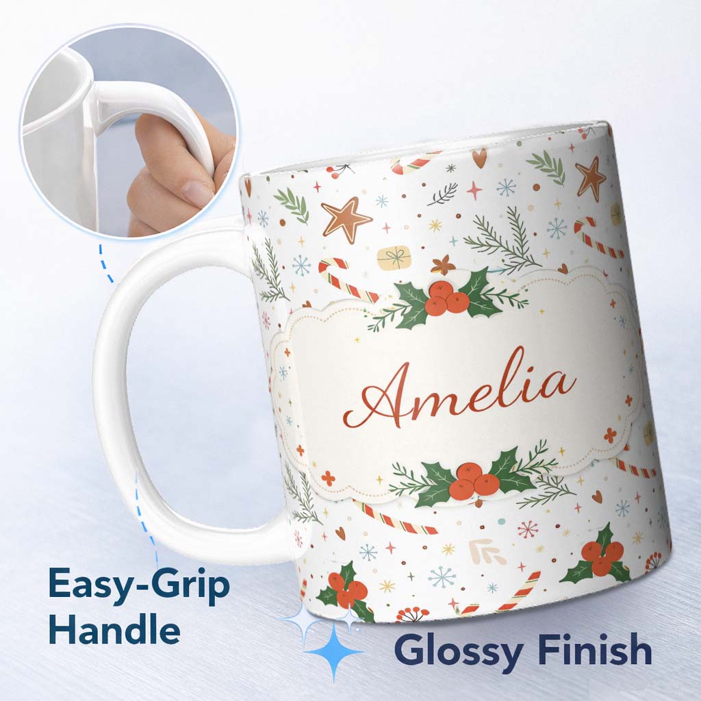 Personalized Custom Name Minimal Christmas Candy Cane Star Pattern Cute Seamless Design 11oz Ceramic Coffee Tea Mug White Large Handle