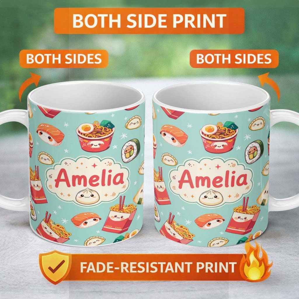 Personalized Custom Name Cute Kawaii Sushi Ramen Dumpling Food Mint Background Seamless 11oz Ceramic Coffee Tea Mug White Large Handle