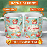 Personalized Custom Name Cute Kawaii Sushi Ramen Dumpling Food Mint Background Seamless 11oz Ceramic Coffee Tea Mug White Large Handle