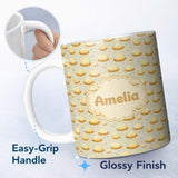 Personalized Custom Name Golden Cream Dollop Pastry Repeating Minimal Seamless Pattern Lovely 11oz Ceramic Coffee Tea Mug White Large Handle
