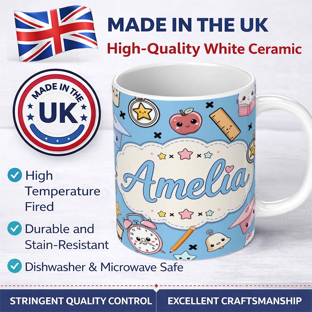 Personalized Custom Name Cute Kawaii School Supplies And Study Seamless Pattern Blue Lovely 11oz Ceramic Coffee Tea Mug White Large Handle