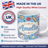 Personalized Custom Name Cute Kawaii School Supplies And Study Seamless Pattern Blue Lovely 11oz Ceramic Coffee Tea Mug White Large Handle