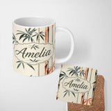 Personalized Custom Name Artistic Bamboo Leaves and Stems on Neutral Background Pattern 11oz Ceramic Coffee Tea Mug White Large Handle