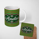 Personalized Custom Name Red Green Knitted Texture Seamless Pattern Stylish Everyday Mug 11oz Ceramic Coffee Tea Mug White Large Handle