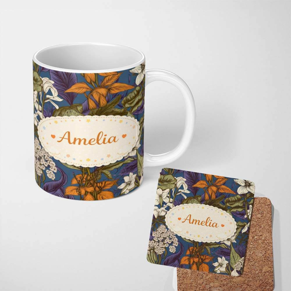 Personalized Custom Name Dark Botanical Floral Vintage Garden Seamless Pattern Lovely 11oz Ceramic Coffee Tea Mug White Large Handle