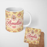 Personalized Custom Name Cute Christmas Gingerbread Characters Candy House Pattern Yellow 11oz Ceramic Coffee Tea Mug White Large Handle