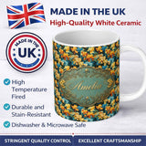 Personalized Custom Name Colorful Iris Floral Seamless Pattern in Blue and Yellow on Dark 11oz Ceramic Coffee Tea Mug White Large Handle