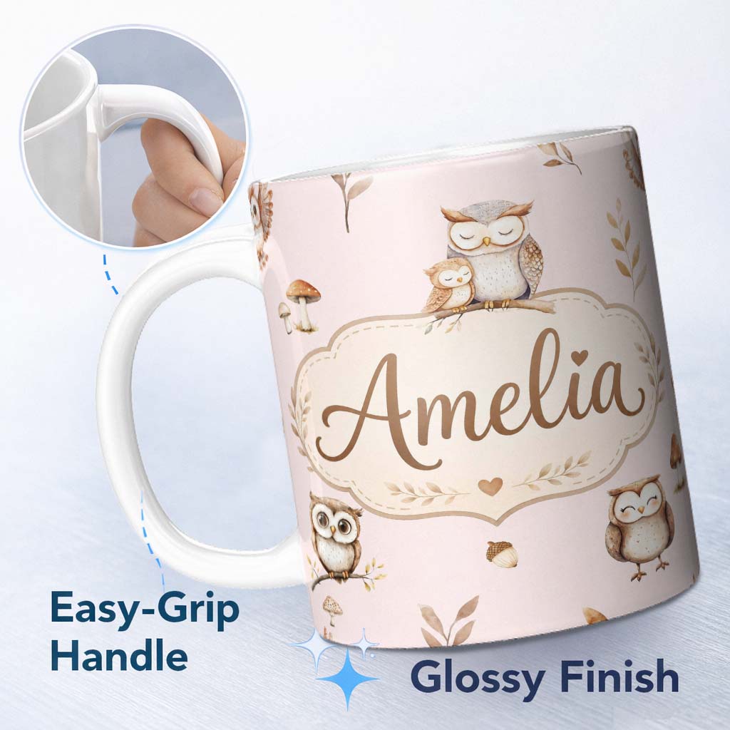 Personalized Custom Name Cute Woodland Owls with Mushrooms Leaves Soft Blush Background 11oz Ceramic Coffee Tea Mug White Large Handle