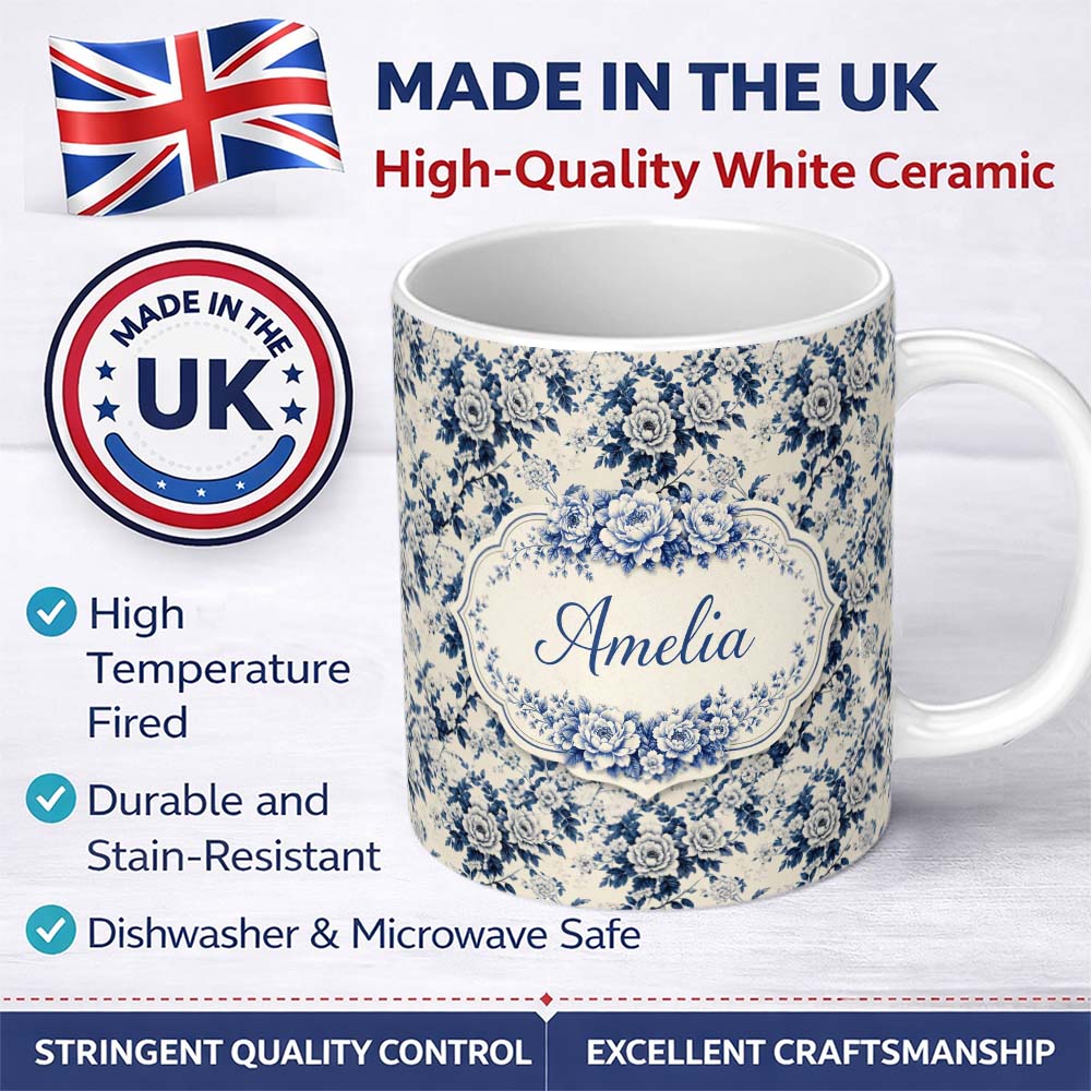 Personalized Custom Name Classic Blue White Toile Floral Seamless Pattern Cute Unique Gift 11oz Ceramic Coffee Tea Mug White Large Handle