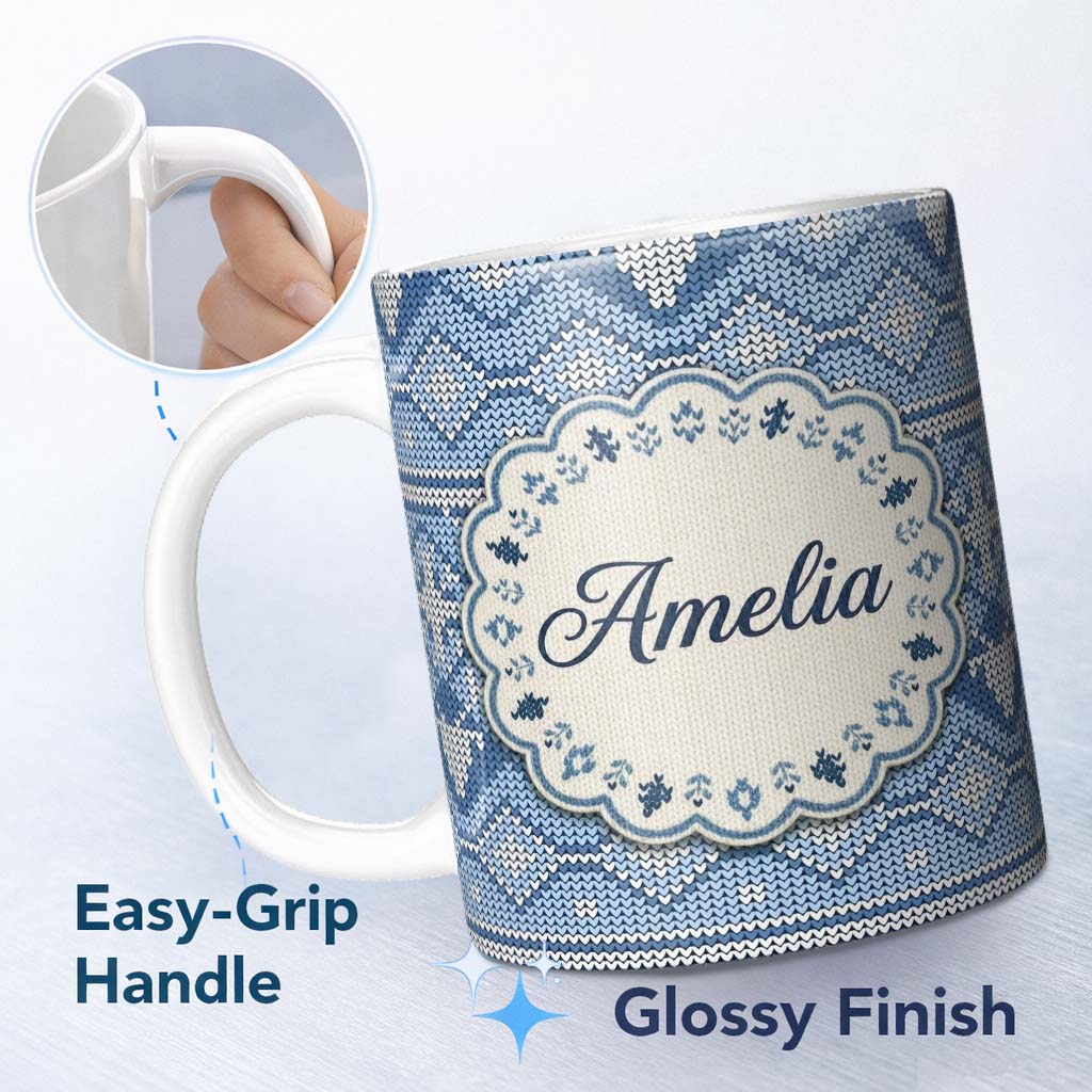 Personalized Custom Name Blue Nordic Knitted Christmas Pattern Seamless Beautiful Coffee Cup 11oz Ceramic Coffee Tea Mug White Large Handle