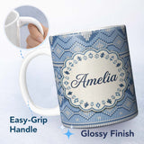 Personalized Custom Name Blue Nordic Knitted Christmas Pattern Seamless Beautiful Coffee Cup 11oz Ceramic Coffee Tea Mug White Large Handle