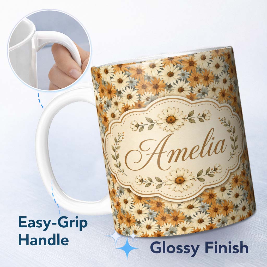 Personalized Custom Name Rustic Orange and Cream Daisy Floral Seamless Pattern Lovely 11oz Ceramic Coffee Tea Mug White Large Handle