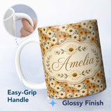 Personalized Custom Name Rustic Orange and Cream Daisy Floral Seamless Pattern Lovely 11oz Ceramic Coffee Tea Mug White Large Handle