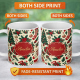 Personalized Custom Name Christmas Holly Gift Stocking Candy Cane Festive Seamless Pattern 11oz Ceramic Coffee Tea Mug White Large Handle