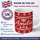Personalized Custom Name Knitted Red Christmas Snowflake Tree Seamless Pattern Lovely 11oz Ceramic Coffee Tea Mug White Large Handle