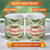 Personalized Custom Name Watercolor Christmas Wreath Baubles Pine Branches Festive Seamless 11oz Ceramic Coffee Tea Mug White Large Handle