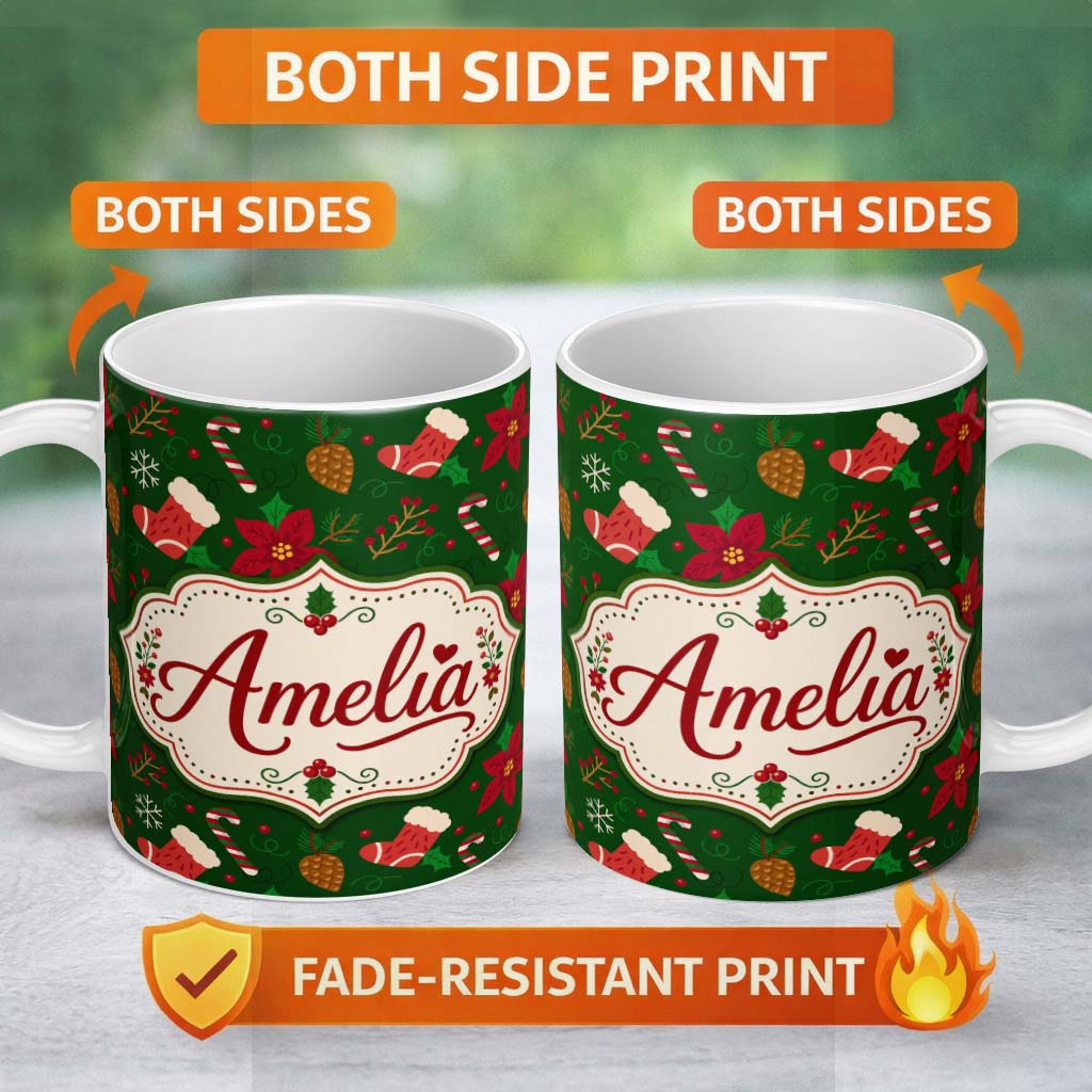 Personalized Custom Name Cute Christmas Stocking Candy Cane Pinecone Seamless Pattern Festive 11oz Ceramic Coffee Tea Mug White Large Handle