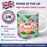 Personalized Custom Name Tropical Flamingo with Hibiscus Flowers and Leaves Mint Background 11oz Ceramic Coffee Tea Mug White Large Handle