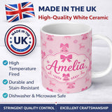 Personalized Custom Name Pink Bell Bow Reindeer Snowflake Christmas Seamless Pattern Lovely 11oz Ceramic Coffee Tea Mug White Large Handle