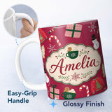 Personalized Custom Name Cute Christmas Sweater Snowman Candy Cane Gifts Seamless Pattern 11oz Ceramic Coffee Tea Mug White Large Handle