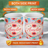 Personalized Custom Name Bright Poppy Flowers on Soft Blue Watercolor Background Seamless 11oz Ceramic Coffee Tea Mug White Large Handle