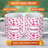 Personalized Custom Name Cute Pink Gift Box Star Festive Seamless Pattern Cute Gift 11oz Ceramic Coffee Tea Mug White Large Handle