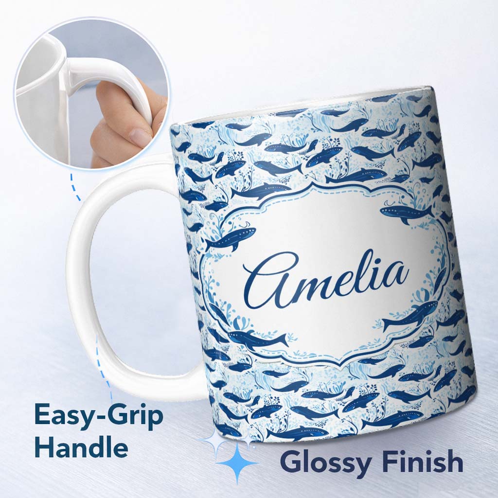 Personalized Custom Name Beige Whale Ocean Seamless Pattern Soft Marine Life Illustration 11oz Ceramic Coffee Tea Mug White Large Handle