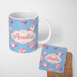 Personalized Custom Name Cute Pink Dolphins and Starfish Seamless Ocean Pattern Soft Blue 11oz Ceramic Coffee Tea Mug White Large Handle