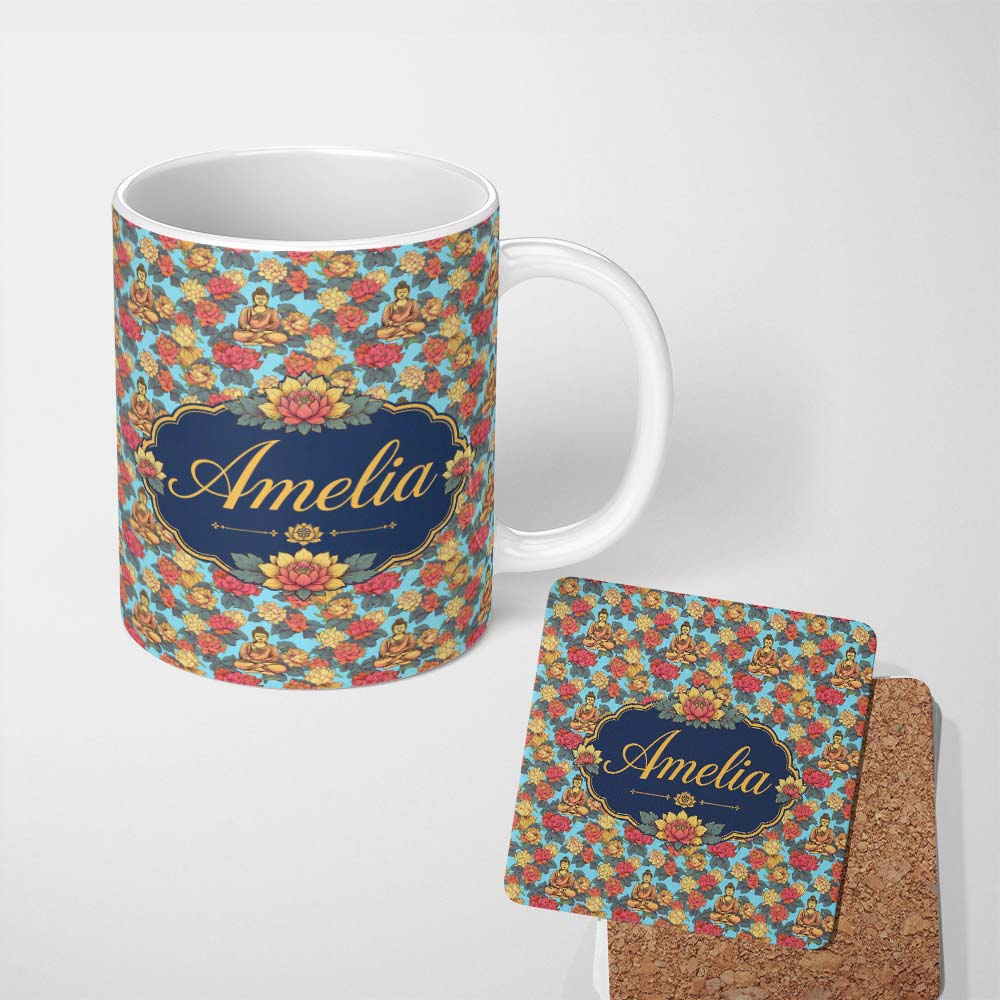 Personalized Custom Name Buddha with Vibrant Floral Garden Blue Background Seamless Pattern 11oz Ceramic Coffee Tea Mug White Large Handle