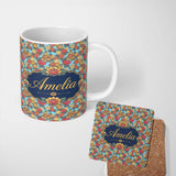 Personalized Custom Name Buddha with Vibrant Floral Garden Blue Background Seamless Pattern 11oz Ceramic Coffee Tea Mug White Large Handle