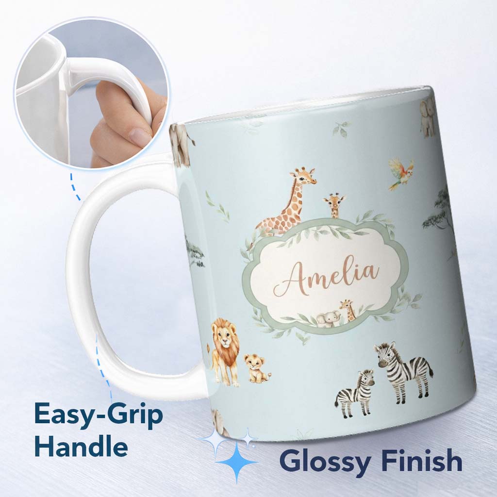 Personalized Custom Name Cute Safari Animals Giraffe Lion Zebra on Blue Background Seamless 11oz Ceramic Coffee Tea Mug White Large Handle
