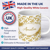 Personalized Custom Name Gold Glitter Holly Christmas Pattern Festive Seamless Design Lovely 11oz Ceramic Coffee Tea Mug White Large Handle