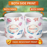 Personalized Custom Name Mermaid Ocean Friends Jellyfish Starfish Grey Background Lovely 11oz Ceramic Coffee Tea Mug White Large Handle