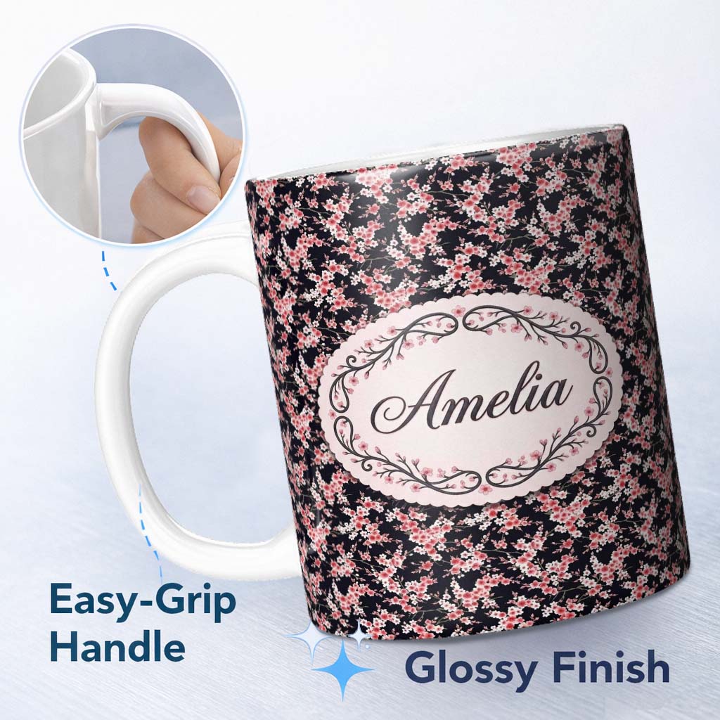 Personalized Custom Name Pink Cherry Blossom Floral Dark Background Seamless Pattern Lovely 11oz Ceramic Coffee Tea Mug White Large Handle