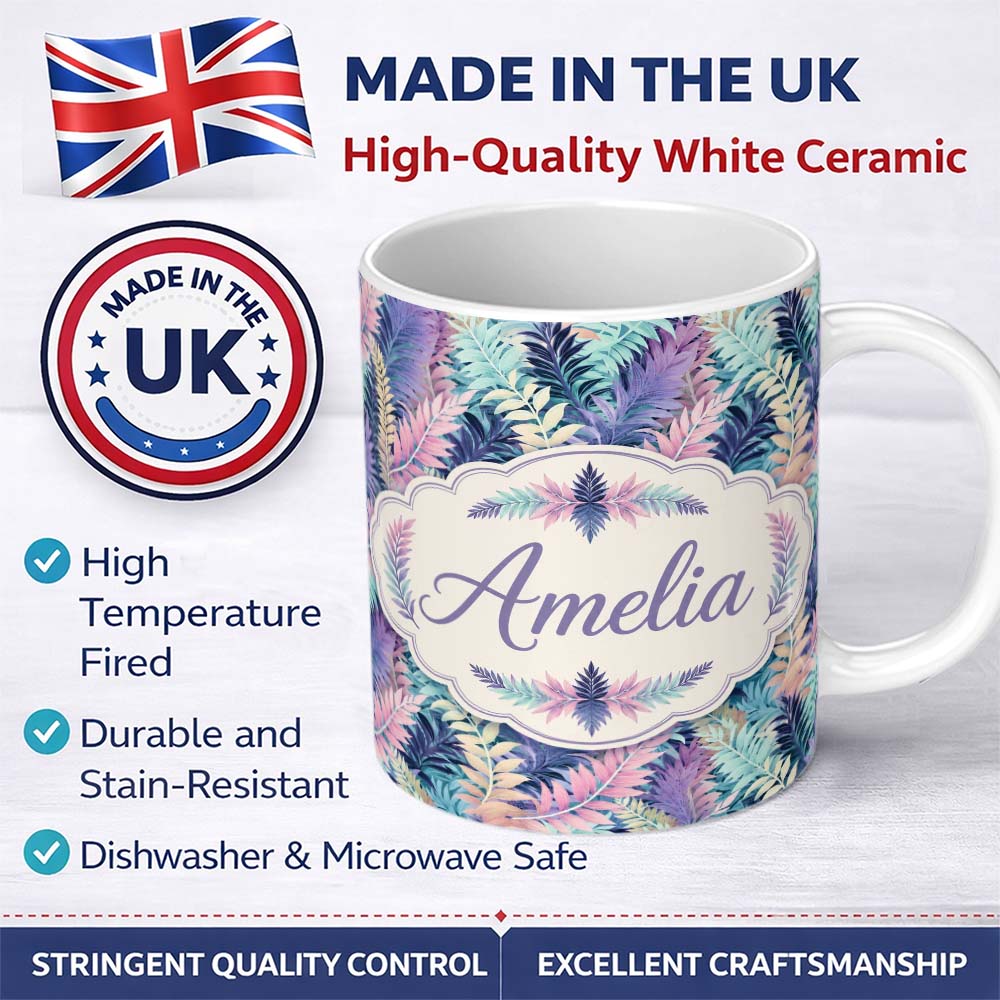 Personalized Custom Name Pastel Multicolour Tropical Leaves Seamless Pattern Cute Unique Gift 11oz Ceramic Coffee Tea Mug White Large Handle